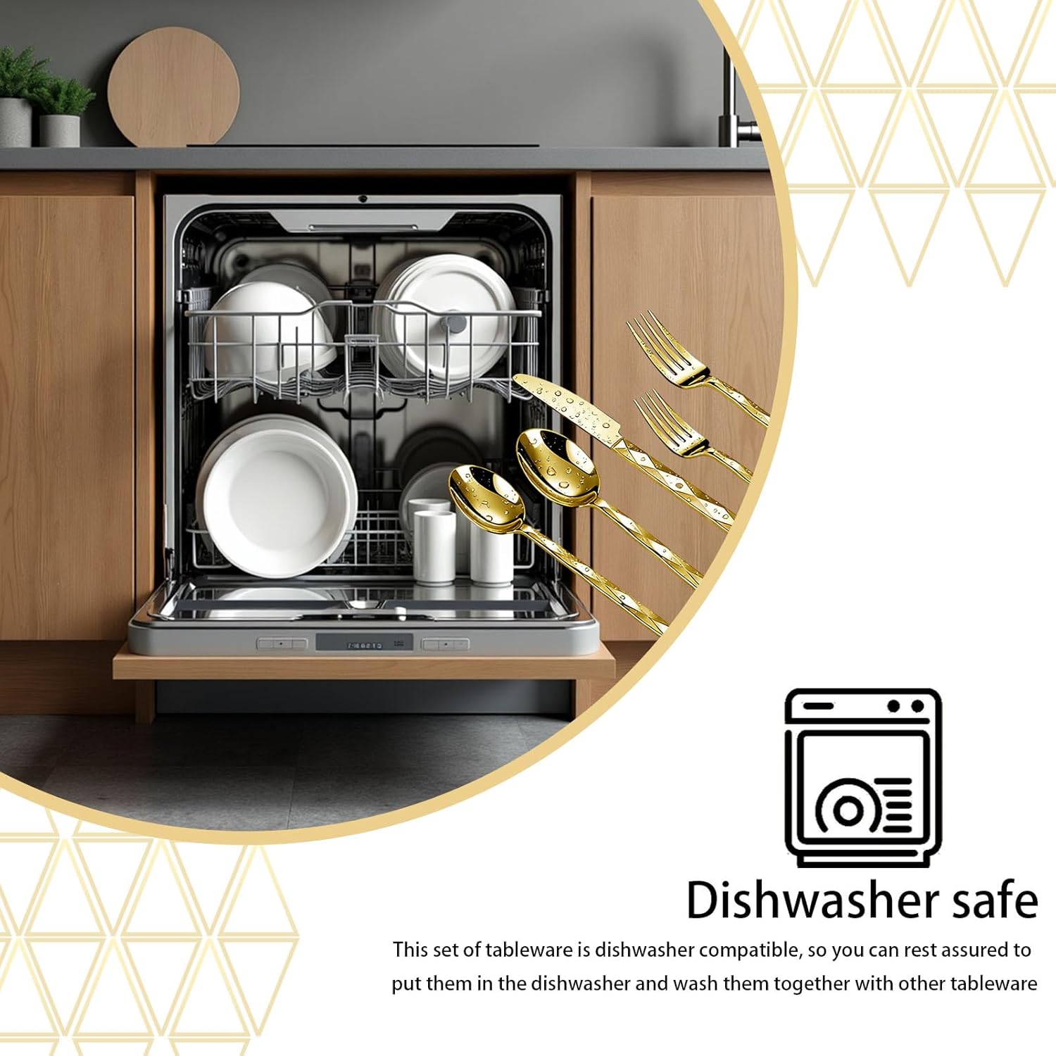 Modern Silverware Set, Stainless Steel Flatware, Twisted Handle Design, 5-Piece Place Setting with Salad Fork, Dinner Fork, Knife, Soup Spoon, Teaspoon (Gold)