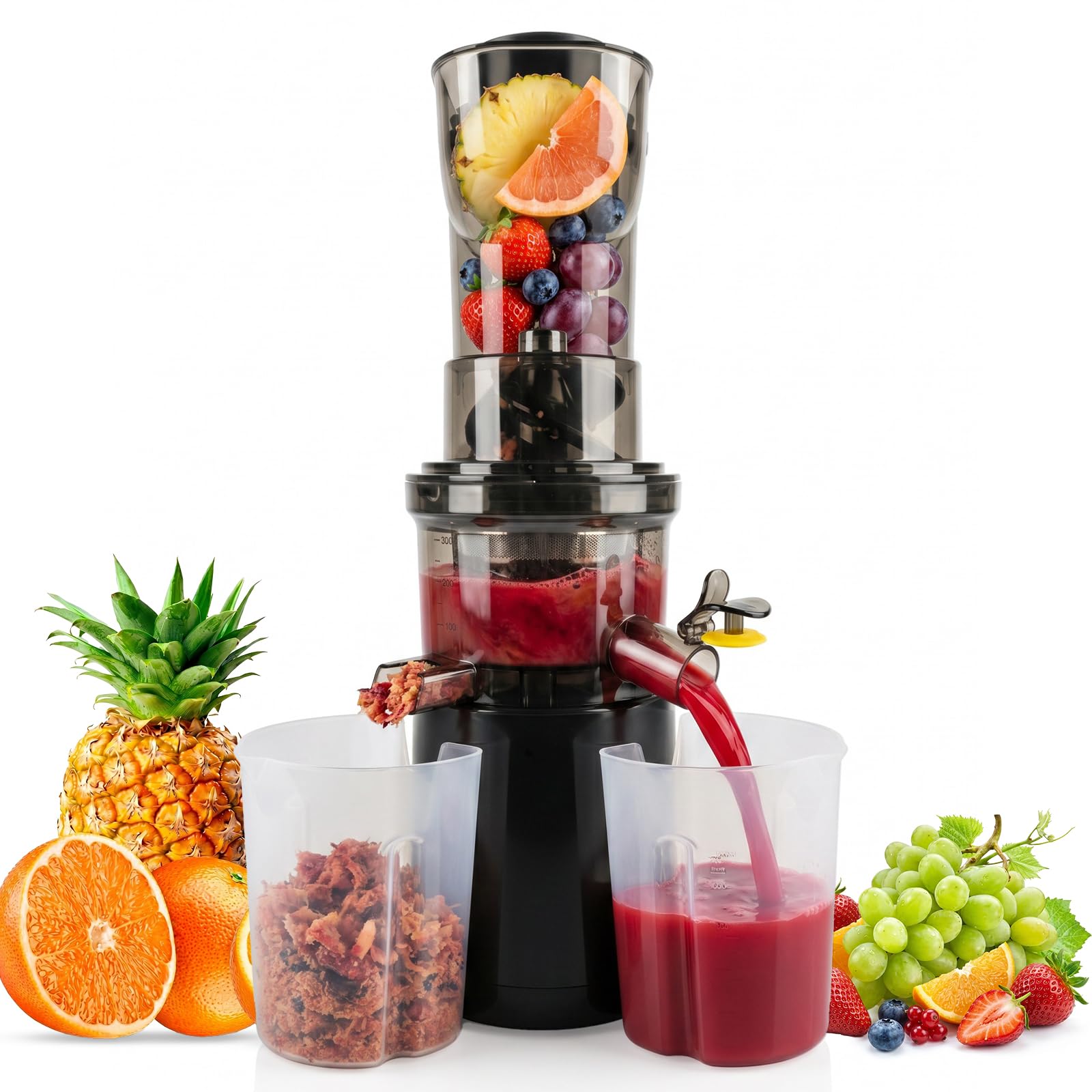 Slow Juicer 500W mit 170mm XXL Einfüllöffnung, Elektrischer Entsafter Kaltpress, BPA-frei, 3-Fach-Filtersystem, Leiser Obst- & Gemüseent­safter, Einfach zu Reinigen, Mit 2 Gläsern & Bürste