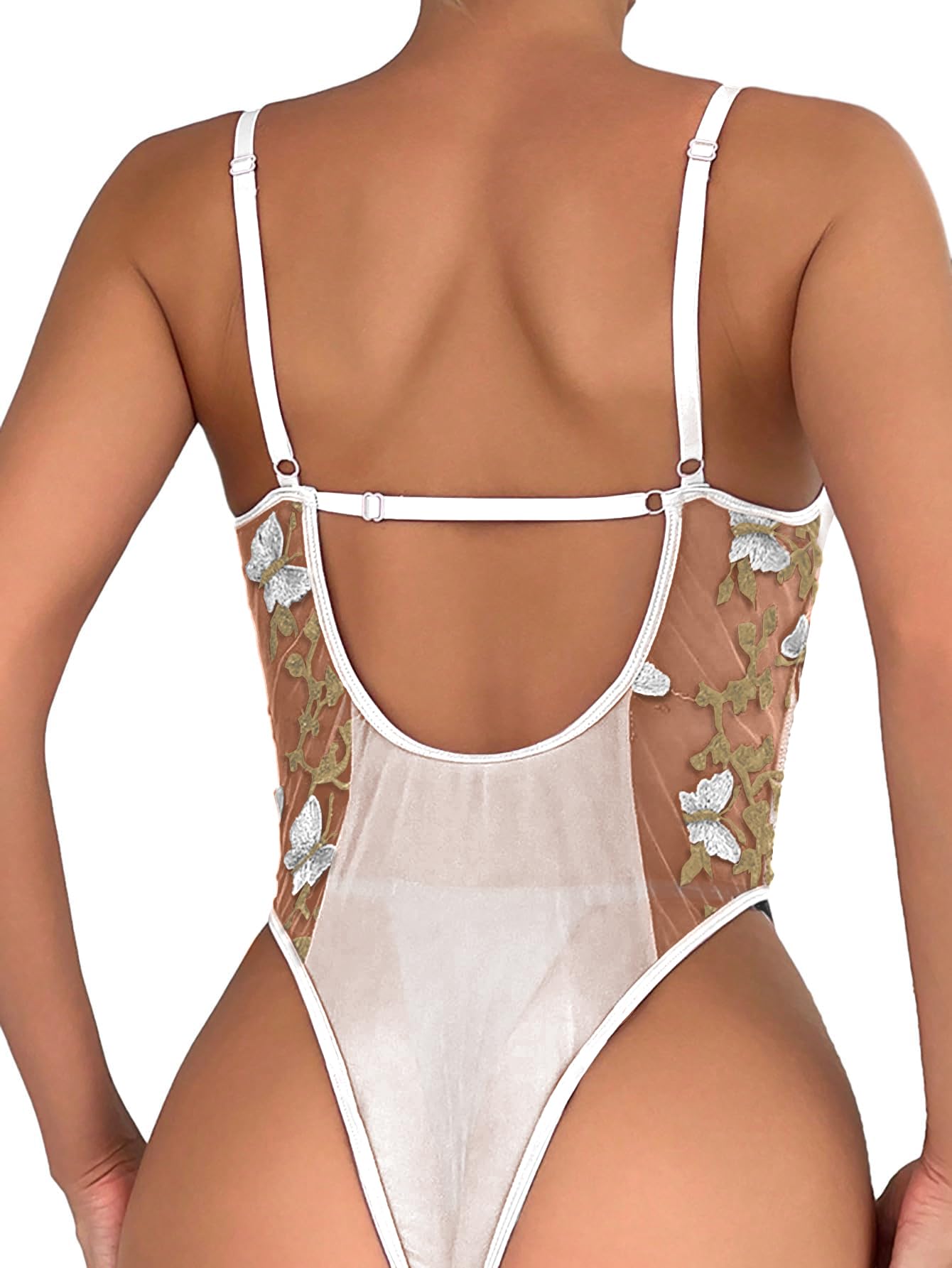 Lilosy Women Sexy Lace Up Floral Embroidered Teddy Lingerie Bodysuit Top Mesh Sheer One Piece: Large Butterfly Butterfly White