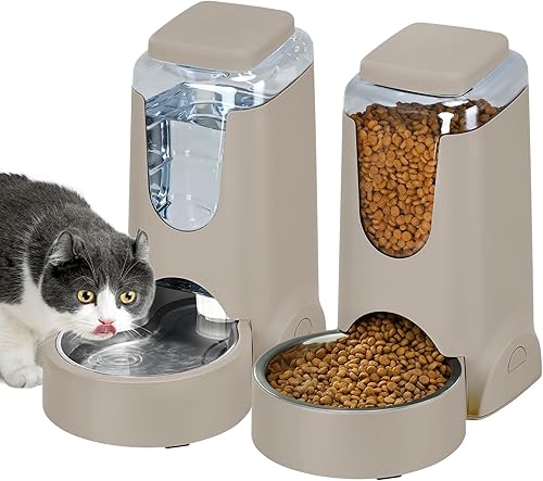 Miniatura 8 de Paquete de 2 alimentadores automáticos para gatos y perros, dispensador de agua de acero inoxidable por gravedad y juego de bebedero para mascotas 1
