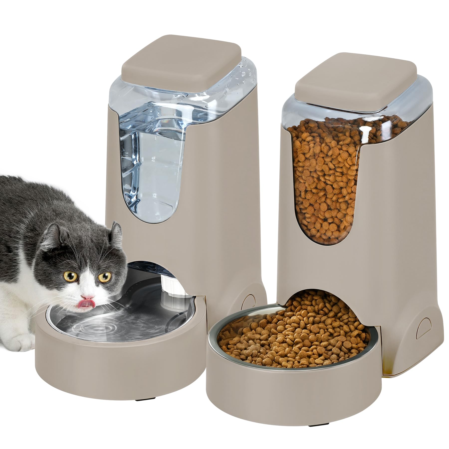 2 Pack Automatic Cat Feeder and Stainless Steel Water Dispenser, Gravity Dog Waterer Set Food Feeder and Waterer Set for Small Medium Kitten Puppy