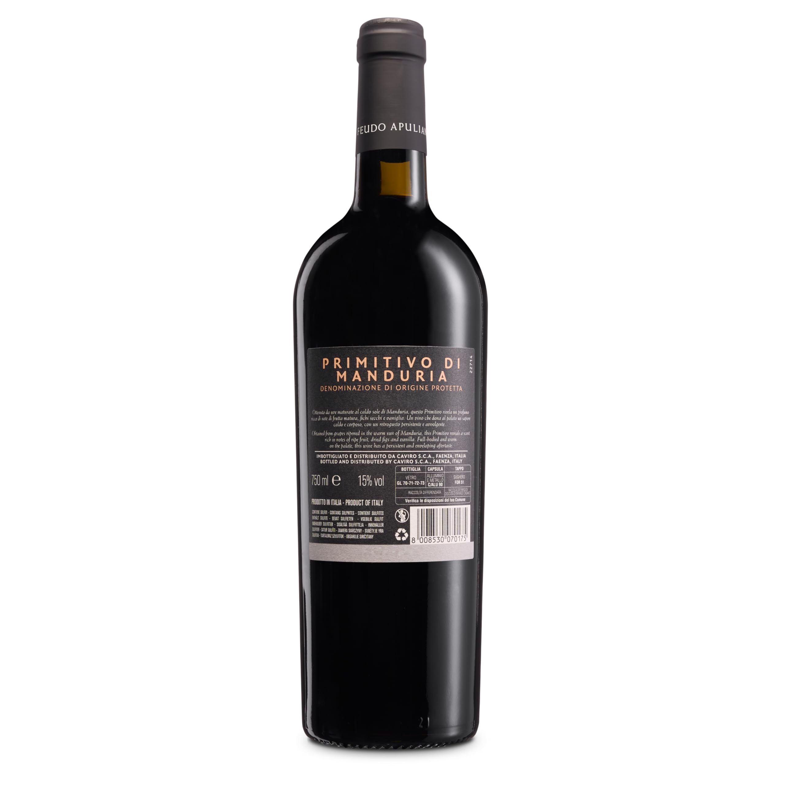 Feudo Apuliano Primitivo di Manduria DOP, Vino Rosso dal Gusto Corposo, Caldo con Retrogusto Persistente e Avvolgente, con Note di Frutta Matura, 15% Vol, Confezione con 6 Bottiglie da 750 ml
