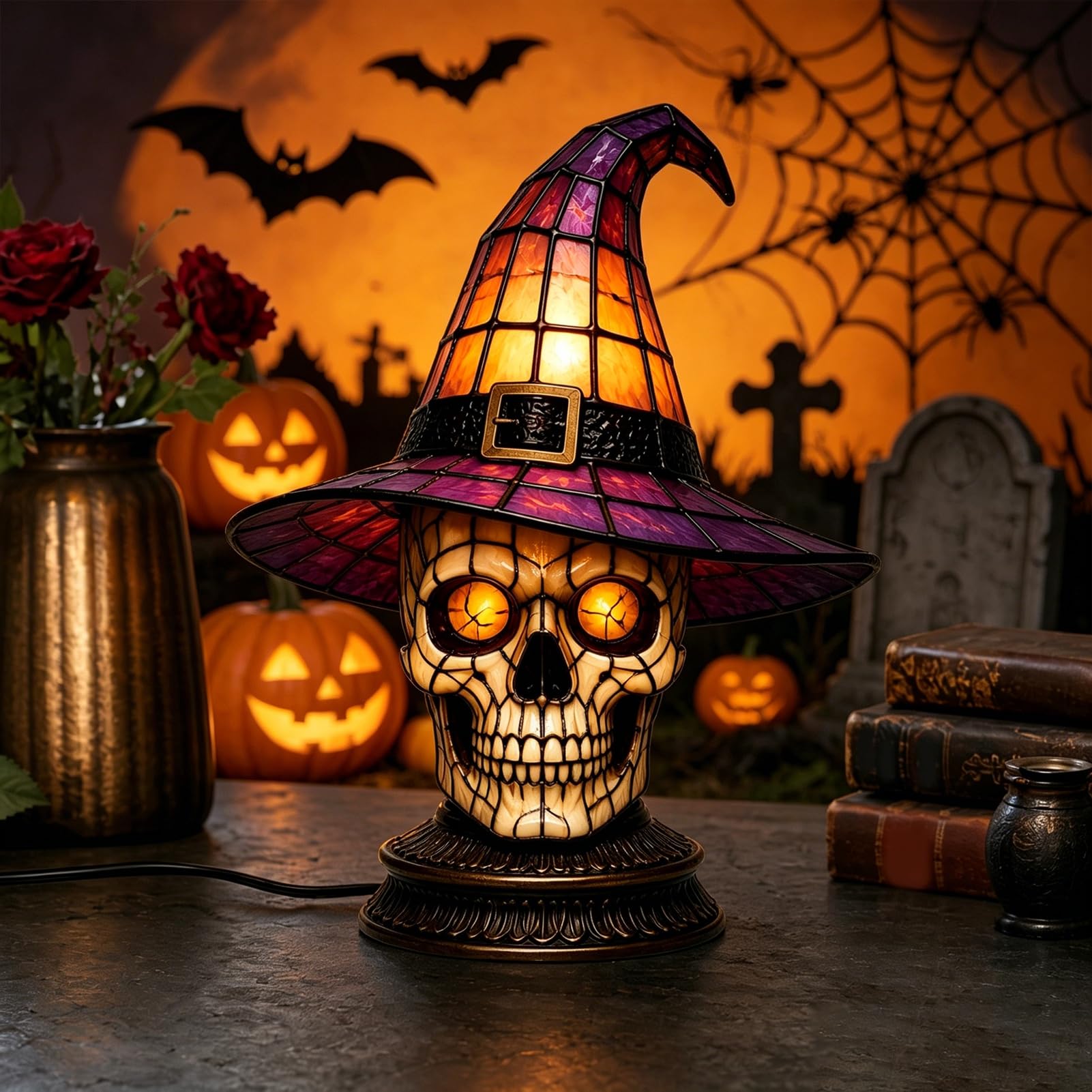 Lampa z witrażowego kapelusza czarownicy, lampka nocna na Halloween z czarnym kotem, duchem i krukiem, gotycka lampa stołowa retro z żywicy syntetycznej do sypialni, regał na książki i