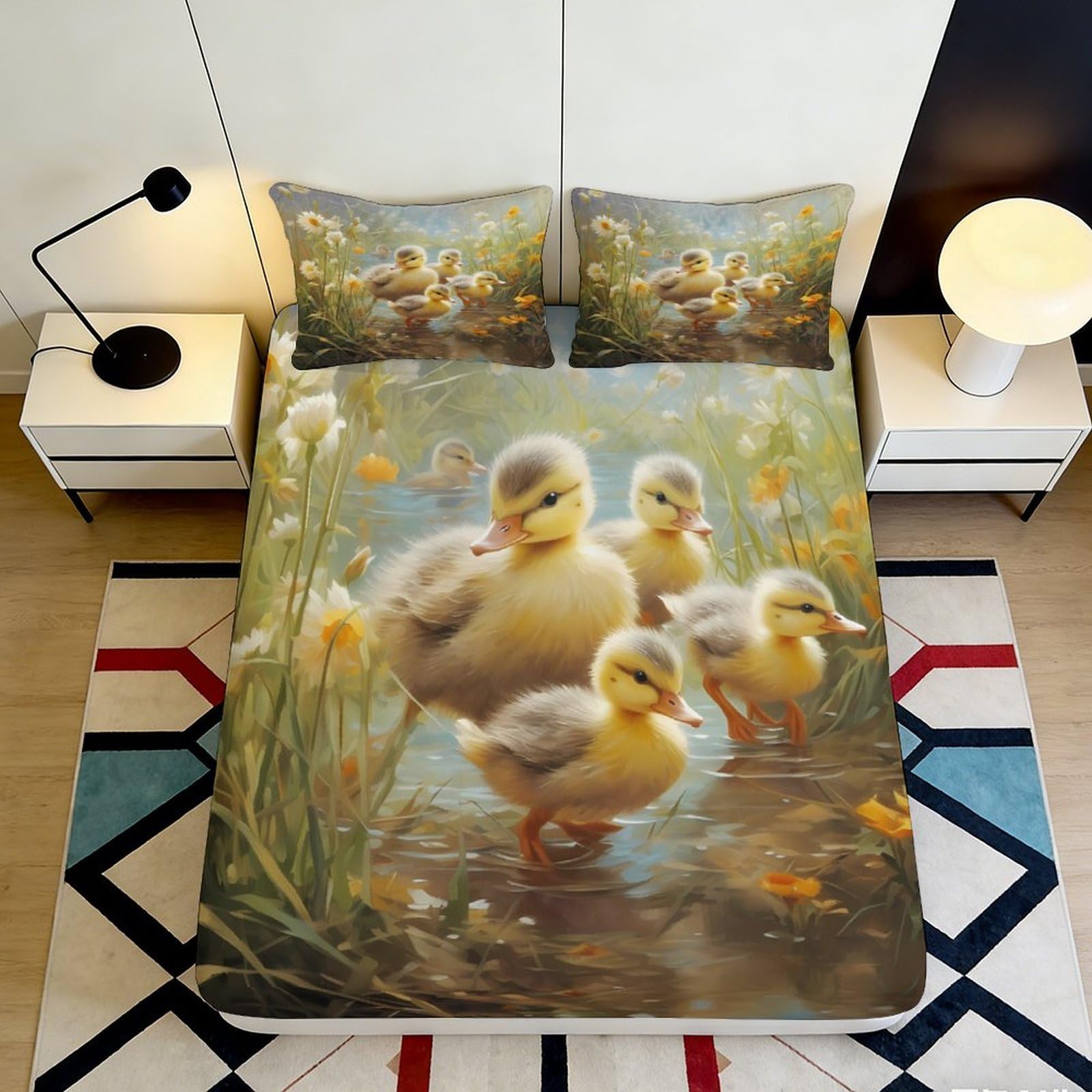 3D Printed Ducklings Fitted Sheet Microfiber Soft Breathable Floral Bed Cover for Bedroom Dormitory Guest Room Mattress Protection Decor 90x200x25cm