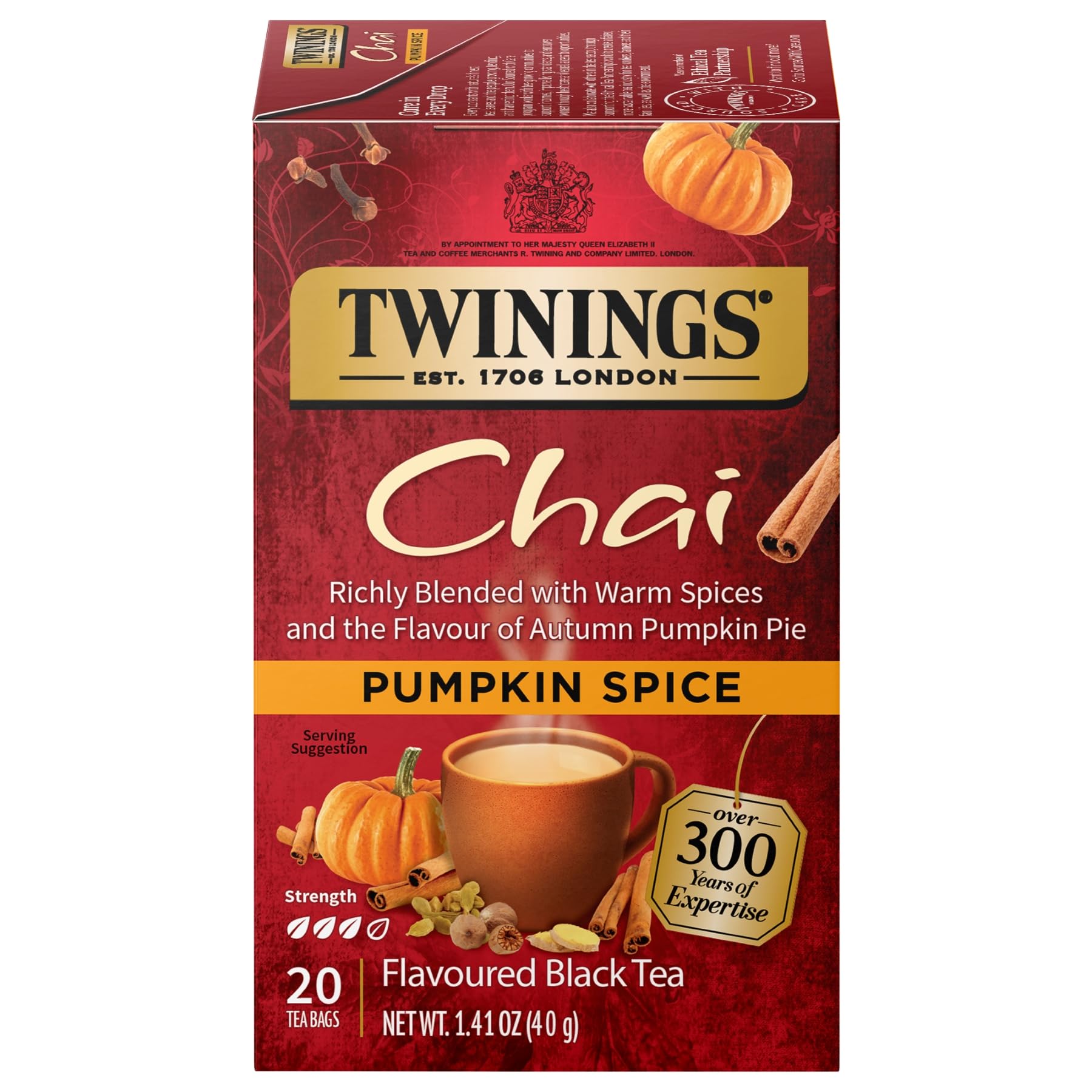 Twinings Pumpkin Spice Chai Black Tea Individually Wrapped Bags, 20 Count (Pack of 6), Warm, Spicy & Aromatic, Caffeinated, Enjoy Hot or Iced