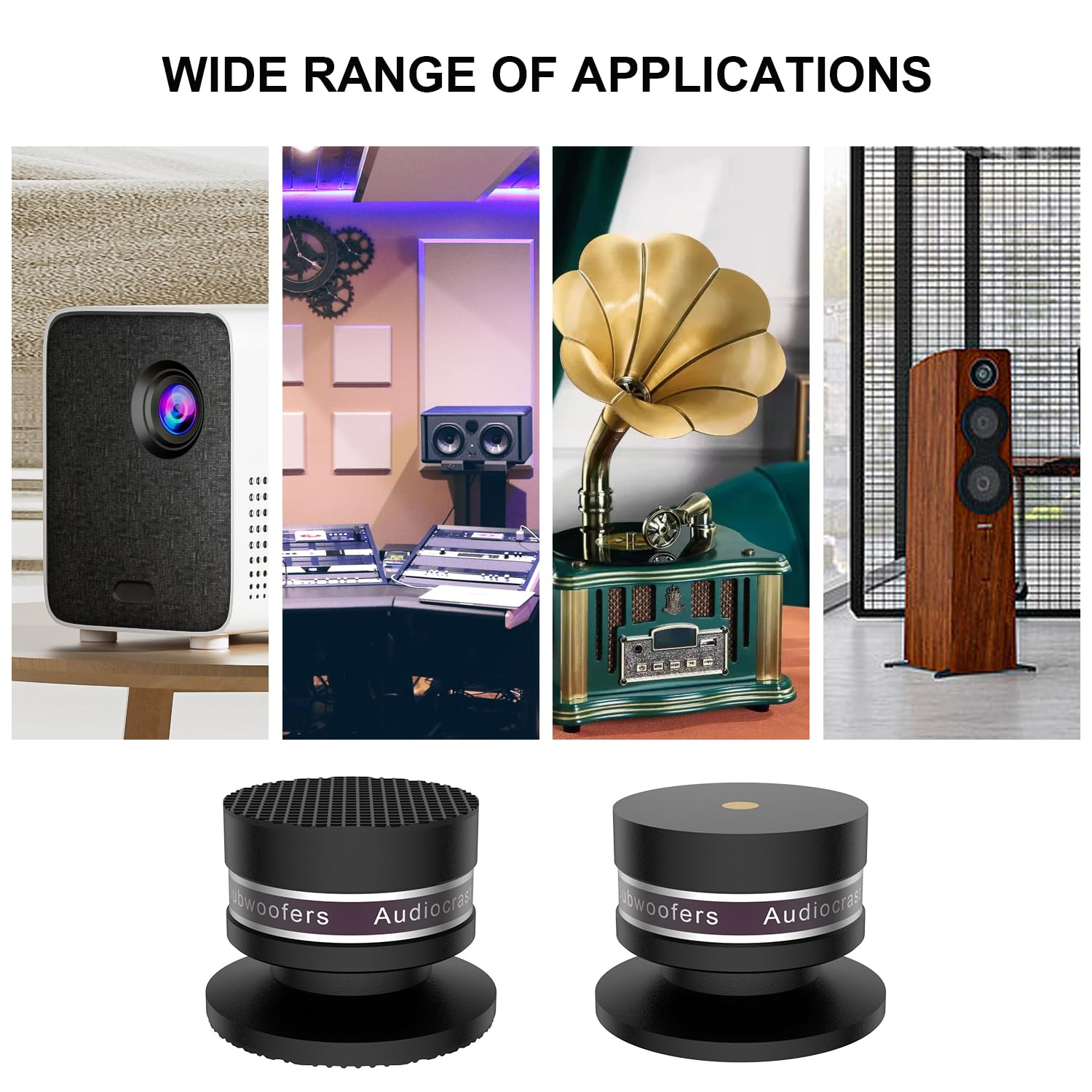 Lot de 4 haut-parleurs en aluminium - Pieds - Réglable en hauteur avec rondelle - Absorbeur de chocs - Pour haut-parleurs, appareils Hi-Fi, caisson de basses et CD DAC - Noir