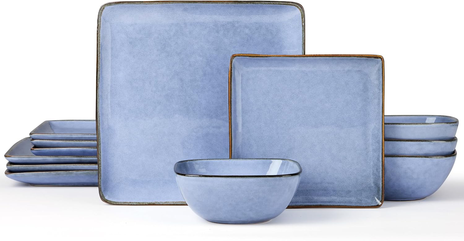 E-far Square Plates and Bowls Sets, 12-Piece Stoneware Dinnerware Sets for 4, Reactive Glaze Dish Set, Chip and Scratch Resistant, Microwave and Dishwasher Safe, Ocean Blue