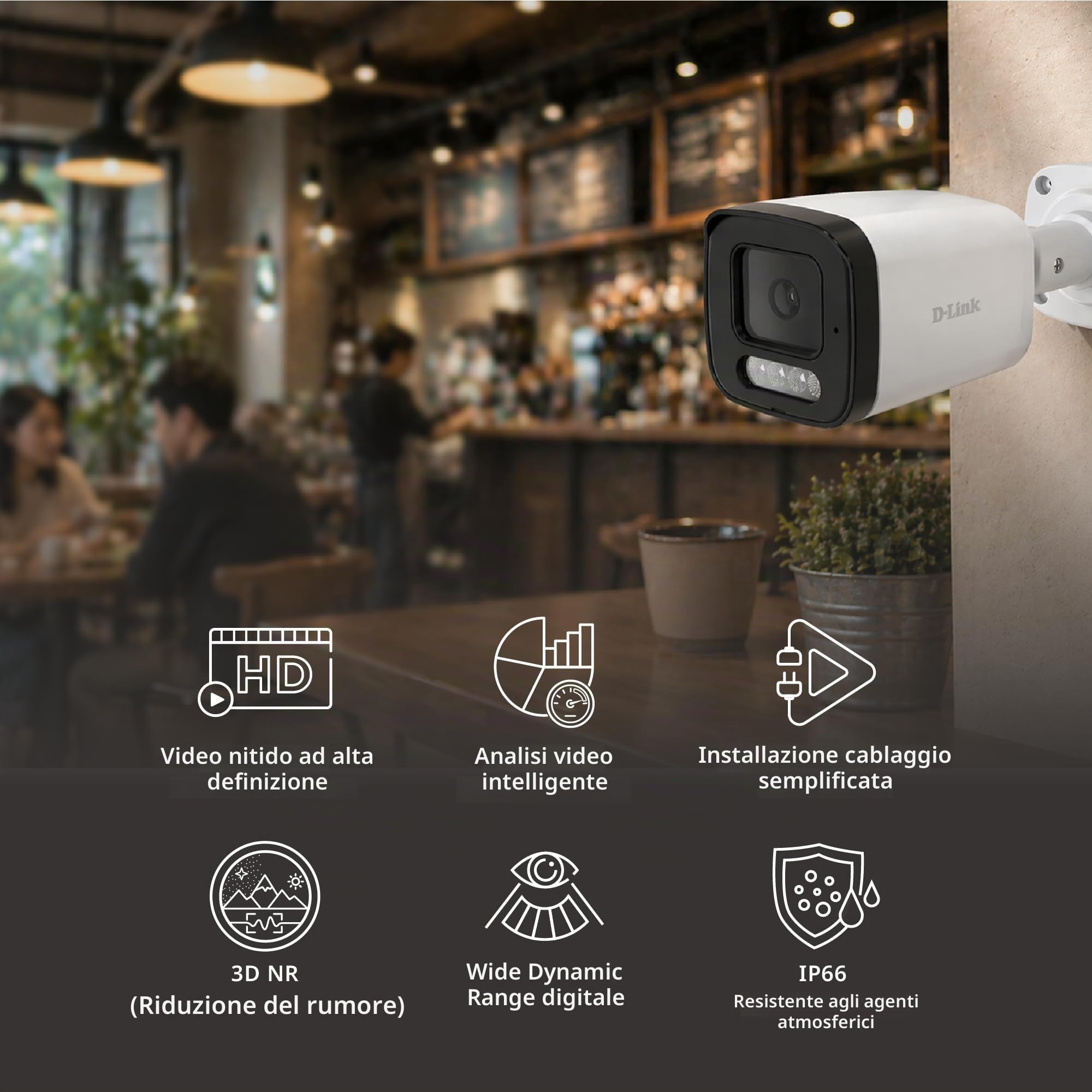 D-Link BCB-P01 Telecamera Bullet da Esterno 2 Megapixel H.265, Telecamera di Sicurezza IP 1080p con Rilevamento Persone, Microfono Integrato, IR fino a 30 m, microSD fino a 1 TB, IP66, PoE o 12V DC