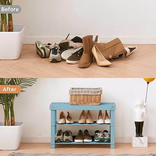 Miniatura 4 de Apicizon Zapatero de bambú para entrada, banco de zapatos de 3 niveles para entrada frontal interior, organizador de zapatos pequeño con