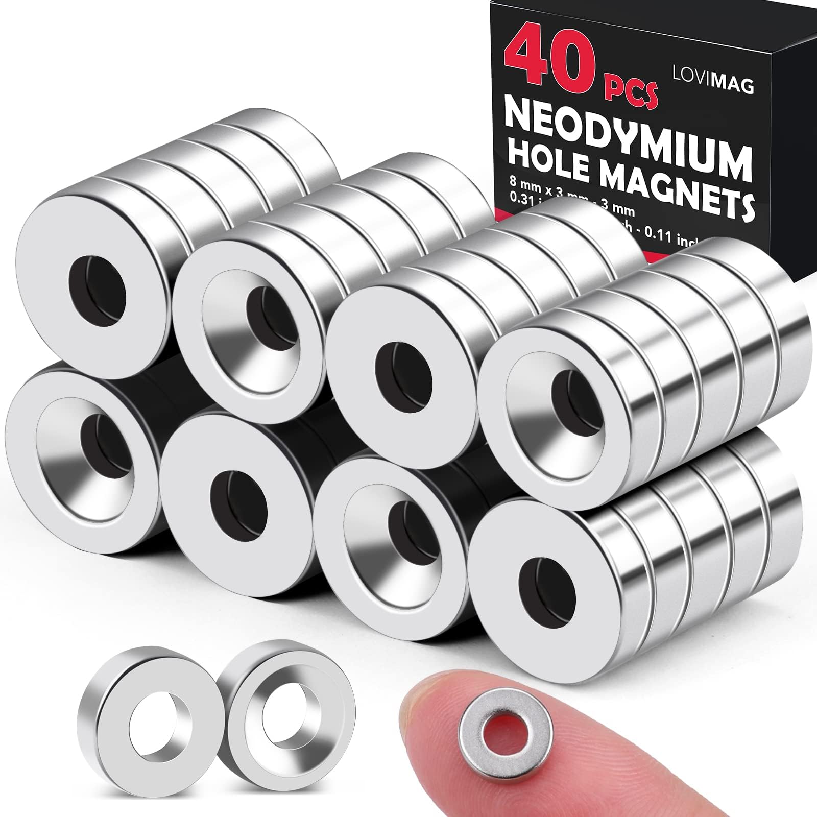 LOVIMAG Magnets with Holes, Neodymium Magnets Strong, 40 Pcs Small Rare Earth Magnets, Disc Countersunk Hole Magnets for Refrigerator, Office, Tool Room, Science Projects - 0.31x0.12inch