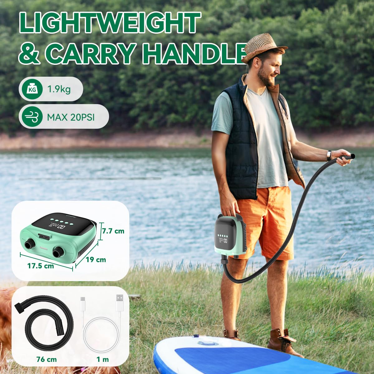 FBSPORT Gonfleur Electrique Paddle Rechargeable 4000mAh Batterie & 12V DC, 20PSI Pompe Paddle Electrique Auto-Arrêt, Inflation/Déflation Double Étape, pour Sup, Tente, Bateaux, Kayaks, Matelas