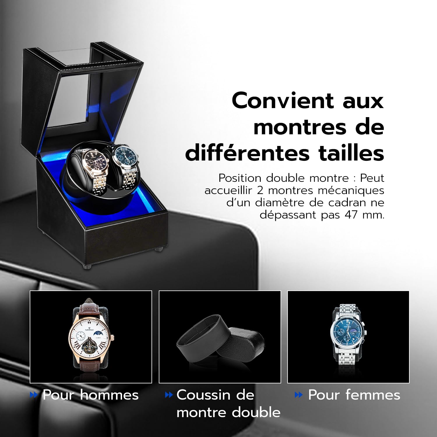 Mcbazel Double Remontoir de Montre, Boîte à Montre à Double Position en Cuir PU, 5 Modes de Rotation Automatique, Boîte de Rangement avec Chargement USB et Lumière LED Bleue – Noire