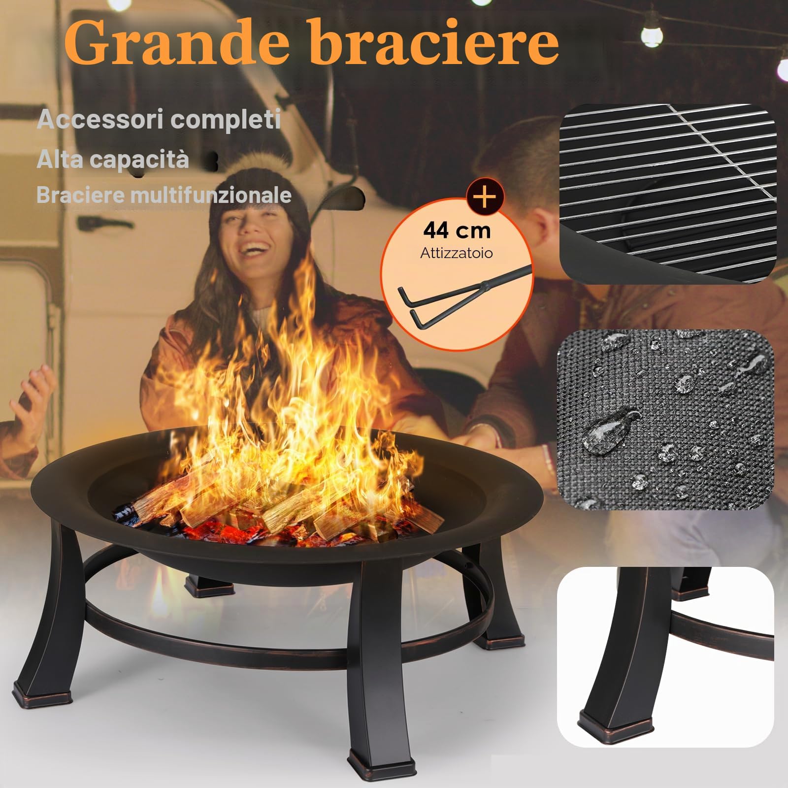 Bracieri da Giardino, Ø 76 cm Braciere con Griglia, Braciere con Parascintille y Copertura Impermeabile 600D, Braciere da Esterno, Braciere Barbecue, Grande Bracere Multifunzionale, Fire Pit, Nero