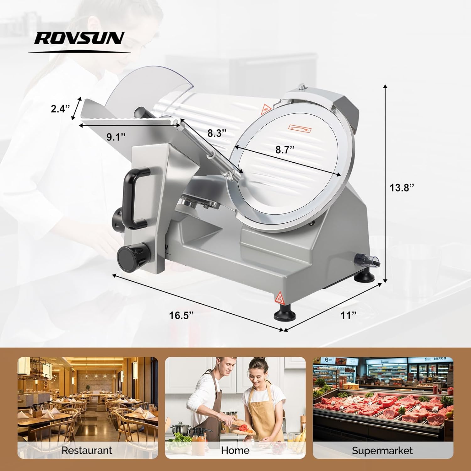 ROVUN 8.7 inch Commercial Meat Slicer, Electric Food Slicer ETL Certified, 300W Frozen Meat Deli Slicer, 0-12mm Adjustable Thickness, Chromium-Plated Steel Blade for Home and Commercial