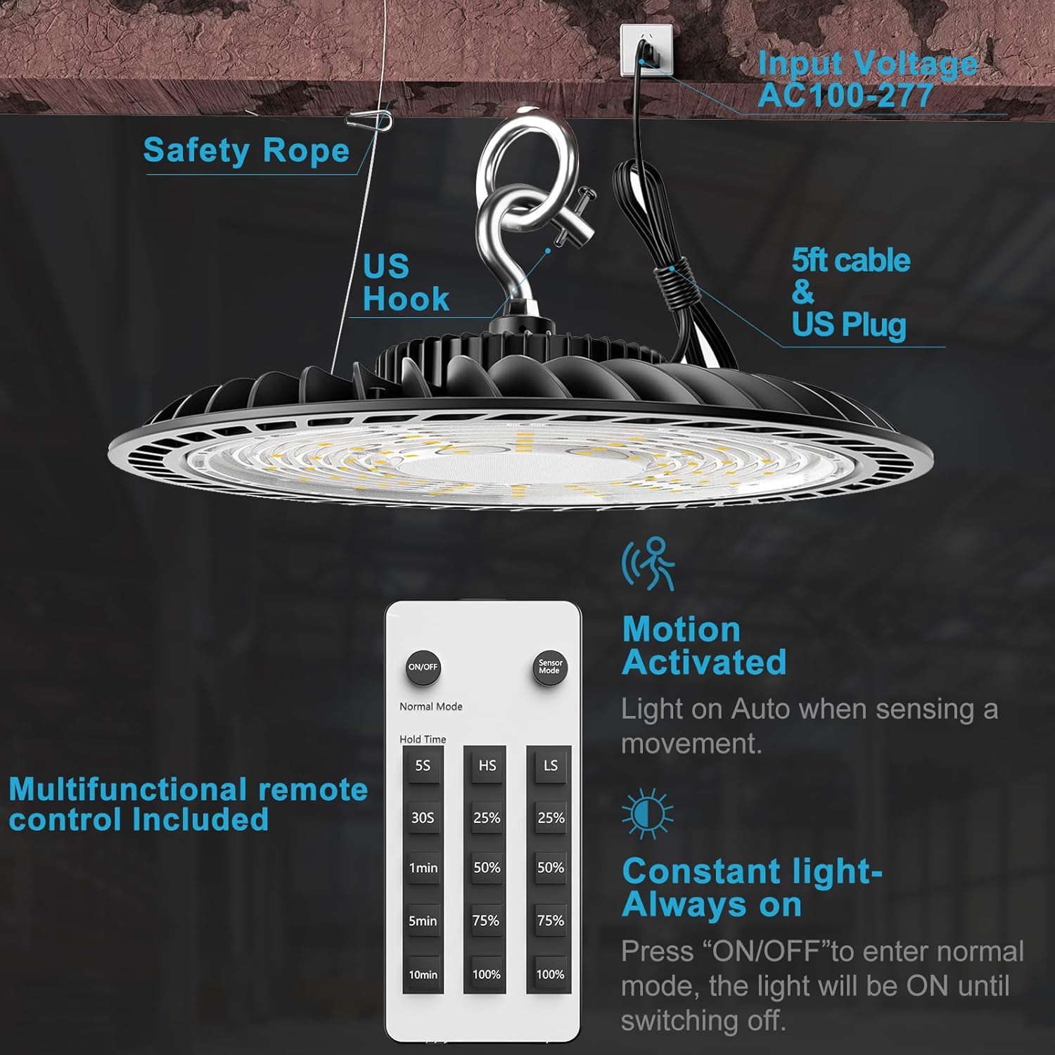 Lightdot 300W Smart High Bay LED Lights 45000LM UFO Lights with Control (Supports Normal Mode & Motion Sensor Mode) ETL-Listed Plug and Play for 30-50FT Height Warehouse-4Pack (6Yrs Warranty)