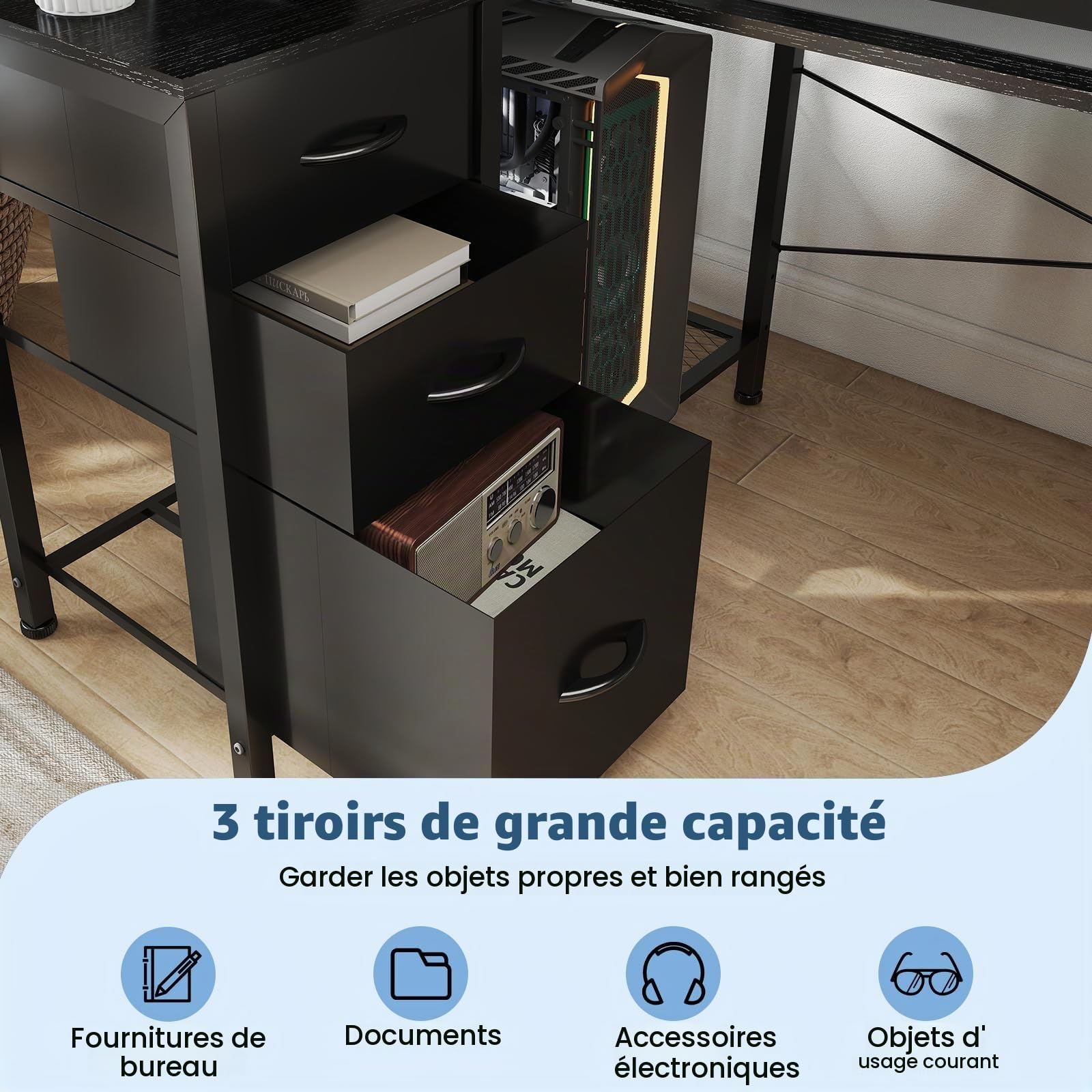 Devoko Bureau Gaming en U Réversible 170x95cm Table E-Sport LED Noir | Éclairage RGB, Double Support Moniteur, 3 Tiroirs, Étagère Latérale, Prises & 2 USB, Rangement, Setup Gamer Complet