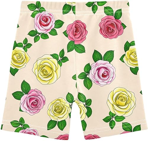 Yellow Flower Beige Girls Bike Shorts Toddler Soft Cotton Active Biker Shorts(Multi-yellow Flower Beige,8 Years)
