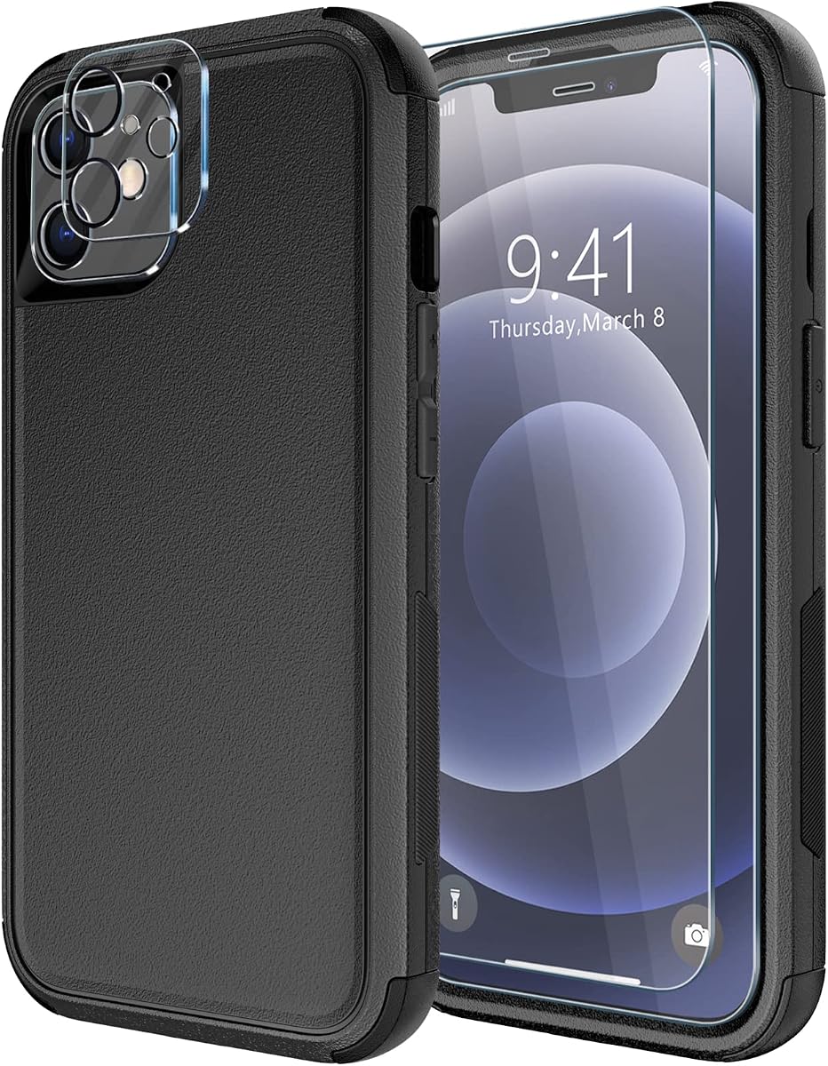 for iPhone 12 case [Shockproof] [Dropproof] [Tempered Glass Screen Protector],Heavy Duty Protection Phone Case Cover for Apple iPhone 12 (12-Black-3in1)