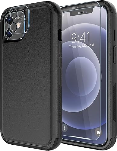 Diverbox Funda para iPhone 12, a prueba de golpes, a prueba de caídas, protector de pantalla de vidrio templado + protector de lente de cámara,