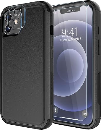 Diverbox for iPhone 12 case [Shockproof] [Dropproof] [Tempered Glass Screen Protector],Heavy Duty Protection Phone Case Cover for Apple iPhone 12 12-Black-3in1