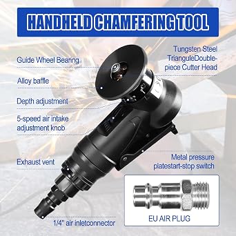 Mini Pneumatic Chamfering Machine, 45 Degree Handheld Linear Trimming Deburring Tool, Black Air Chamfer Tool Deburring Machine for Metal Wood with 1/4 Inch Air Inlet (8 C Angle Blades+4 Bearing)