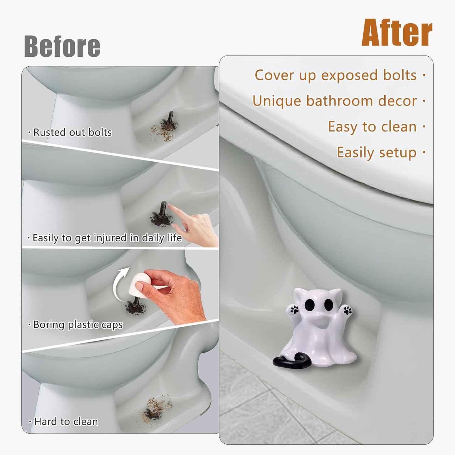 Ghost Toilet Bolt Covers Decorative Toilet Screw Cover Caps, Toilet Caps for Bottom of Toilet, Cute Toilet Bowl Bolt Covers for Bathroom Decor,White Ghost Cat,2-Pack