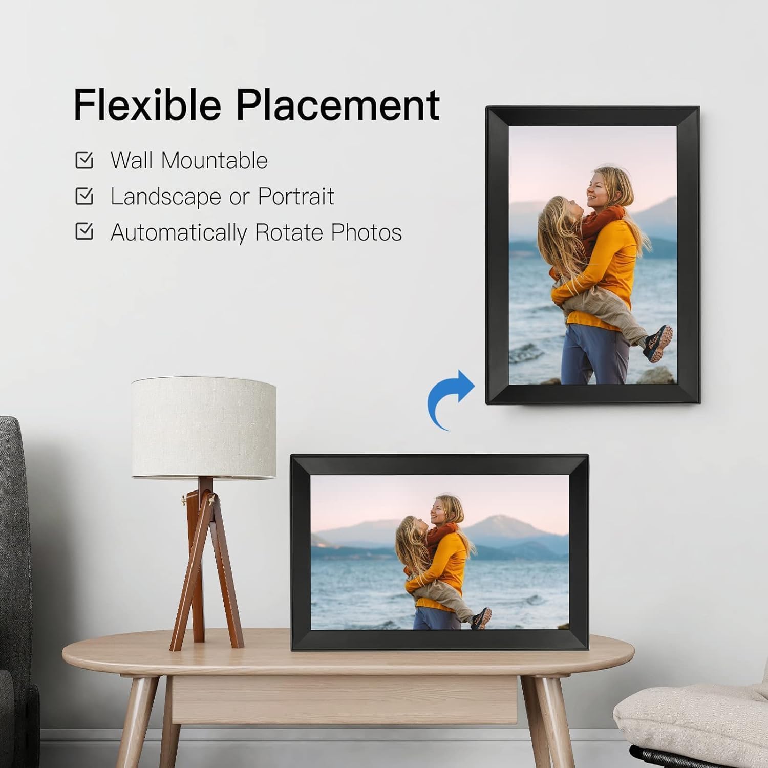 FUNCARE Cadre Photo Numérique WiFi 15,6 Pouces, Écran Tactile HD 1280x800 IPS avec 32Go de Stockage pour Partager Photos et Vidéos, Rotation Automatique, Support Multilingue, Montage Mural