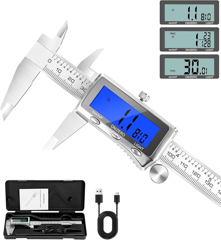 Calibradores digitales recargables de 6" herramienta de medición con pantalla retroiluminada | Puerto de carga tipo C Calibre Vernier digital, pulgadas/MM/fracción fácil conversión, calibrador electrónico de metal con apagado automático para bricolaje