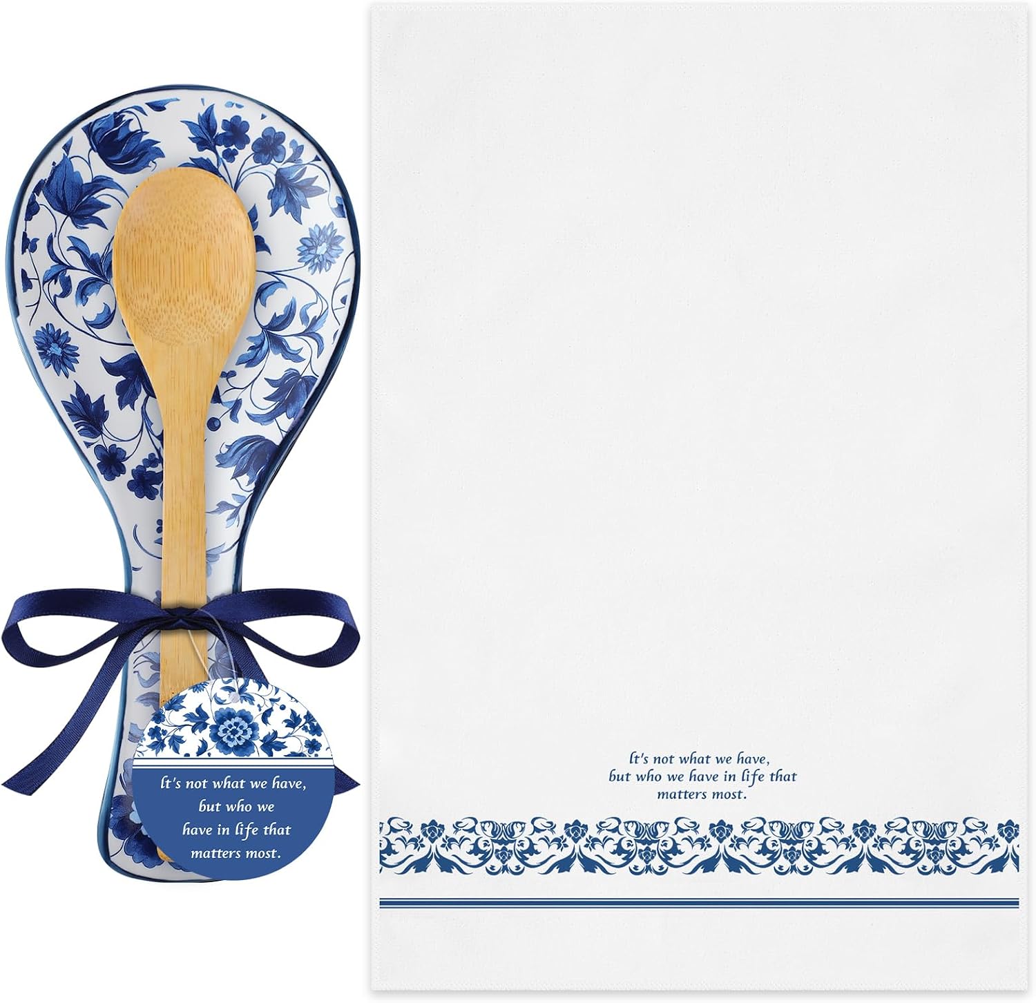 Ceramic Blue and White Talavera Spoon Rest Soup Spoons Rest Kit Includes Bamboo Spoon Tea Towel Gift Card and Blue Ribbon Ceramic Holders for Kitchen Counter Home Decoration Gifts
