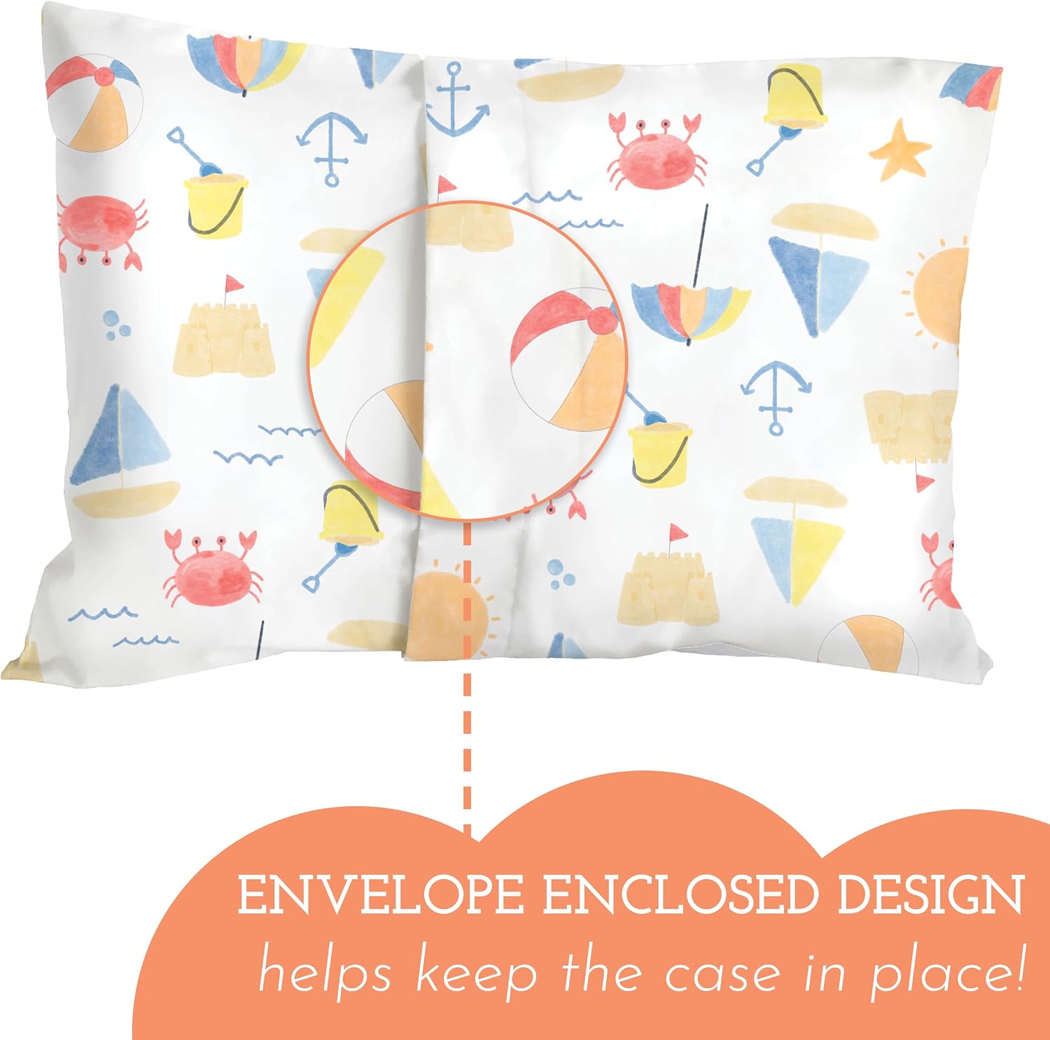 Little Sleepy Head Youth Pillow Case - 100% Made Cotton & Hypoallergenic Pillow Case - Snug Fit Envelope Pillowcase Enclosure - Youth Pillow 16x22 Size - (Beach Days) Design Travel Pillow Cover