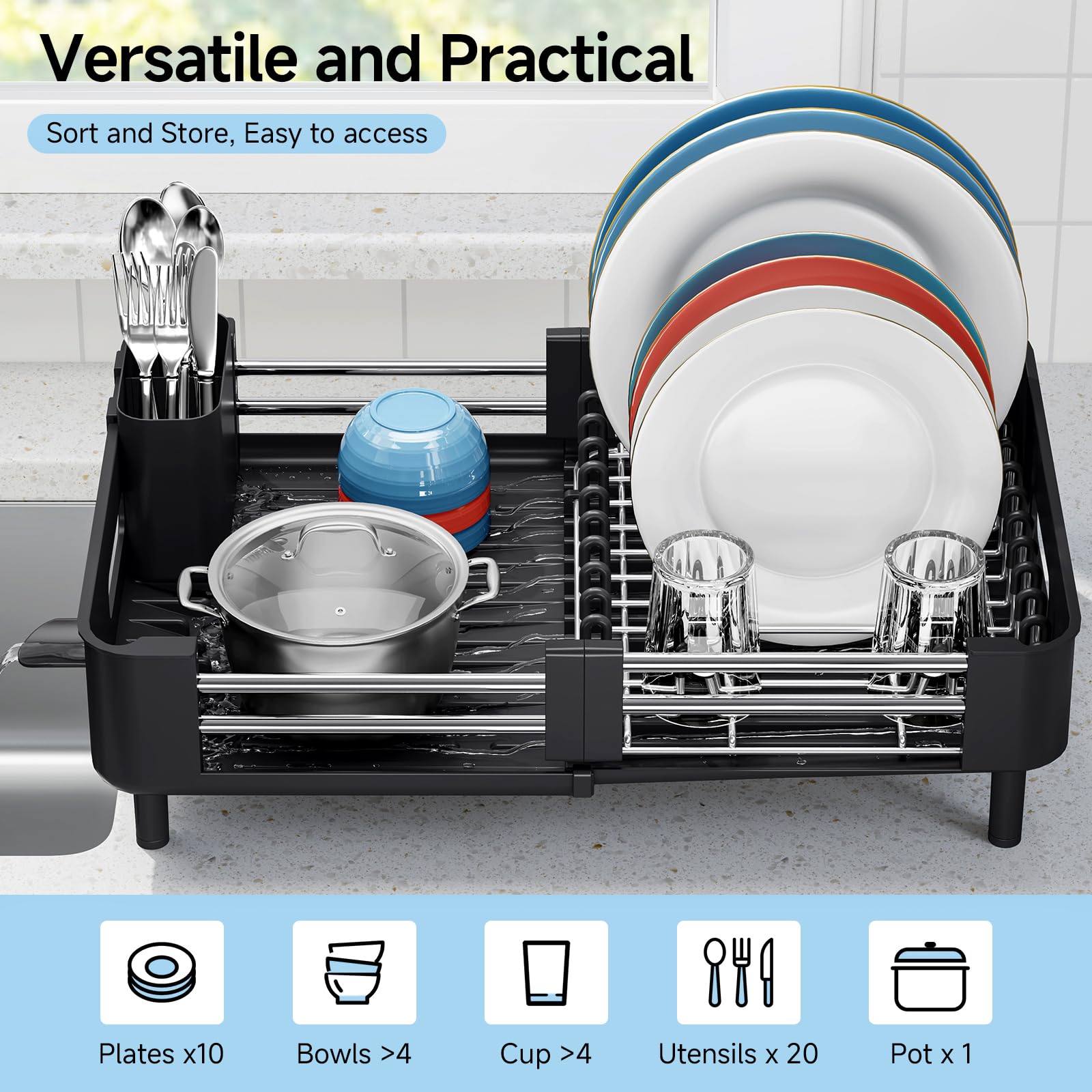 KINGRACK Escurridor de Platos, Escurreplatos Extensible, Escurridor de Platos Acero Inoxidable con Portautensilios Extraíble, Escurreplatos sobre Fregadero con Caño de Drenaje, Negro