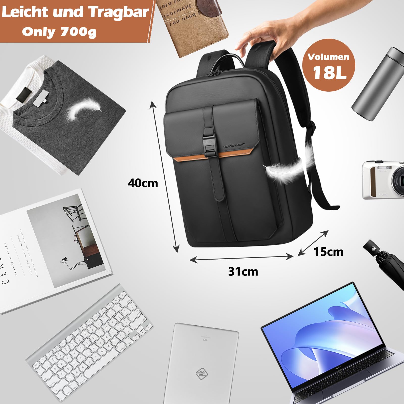 hk Business Rucksack Herren Damen Slim Laptop Rucksack 15,6 Zoll | Wasserabweisender mit Magnetverschluss, Tagesrucksack für Arbeit, Uni, Alltag und Reise – Schwarz
