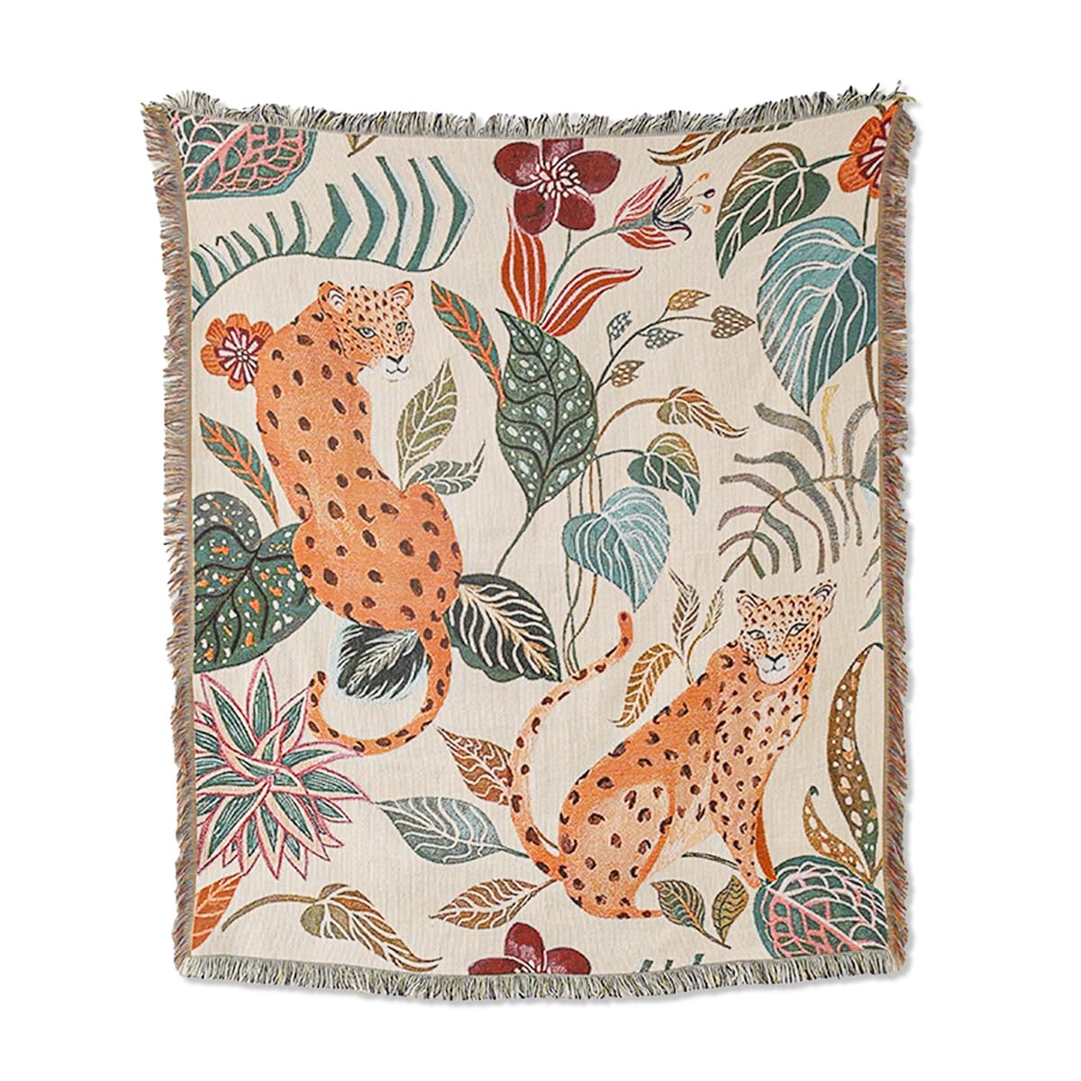 LumiSyne dubbelzijdige katoen geweven deken met kwast, jungle bohemien stijl wandtapijt, knuffeldeken, decoratieve deken voor bed, bank, fauteuil, camping, tafelkleed, vloerkleed 160x130cm
