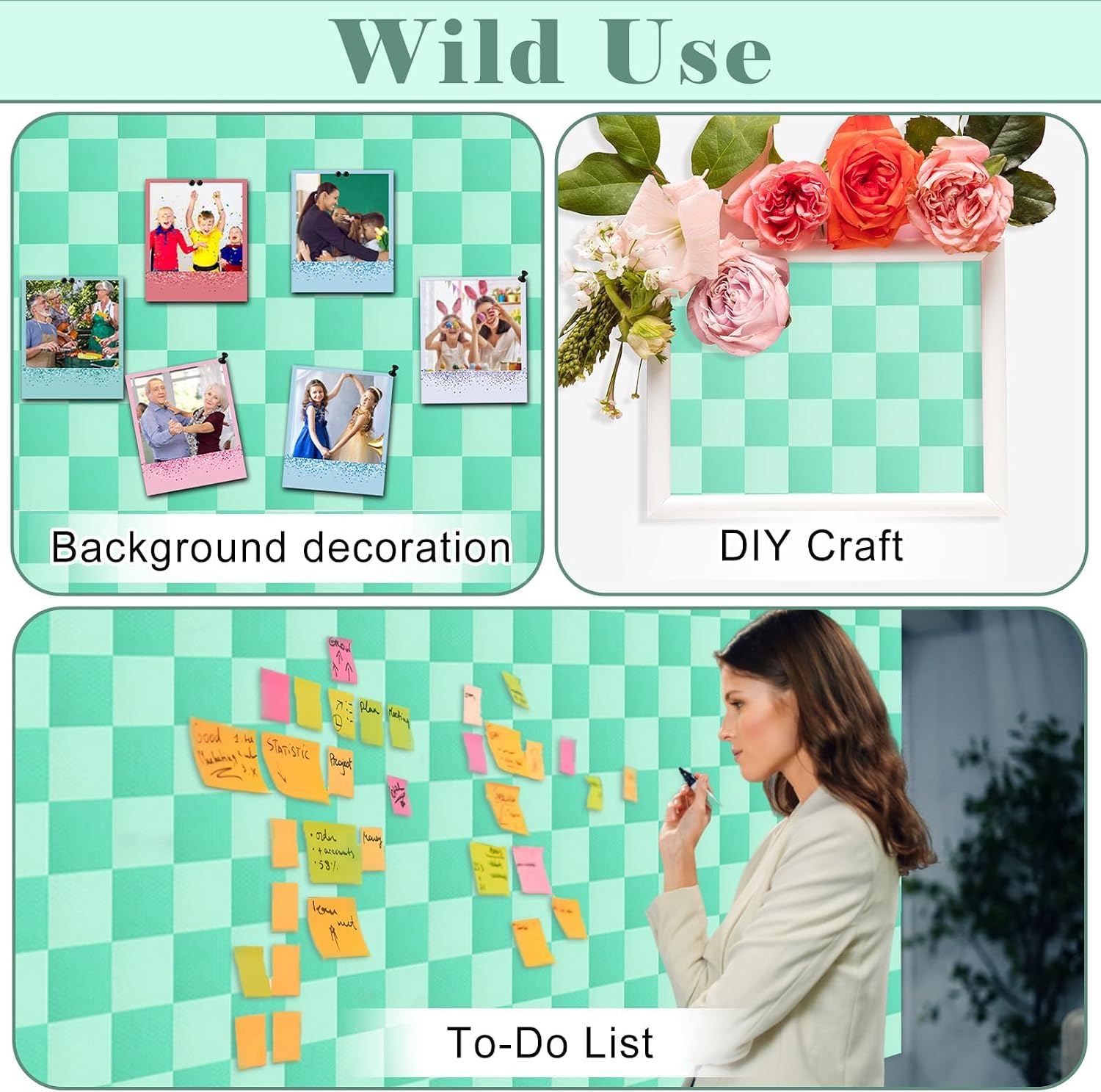 Green Checked Bulletin Board Roll Green Reusable Waterproof Erasable Background Wrinkle Resistant Poster Non-Woven Fabric Bulletin Board Roll for Spring Classroom Decor Wrap Paper Crafts 15.55" x40ft