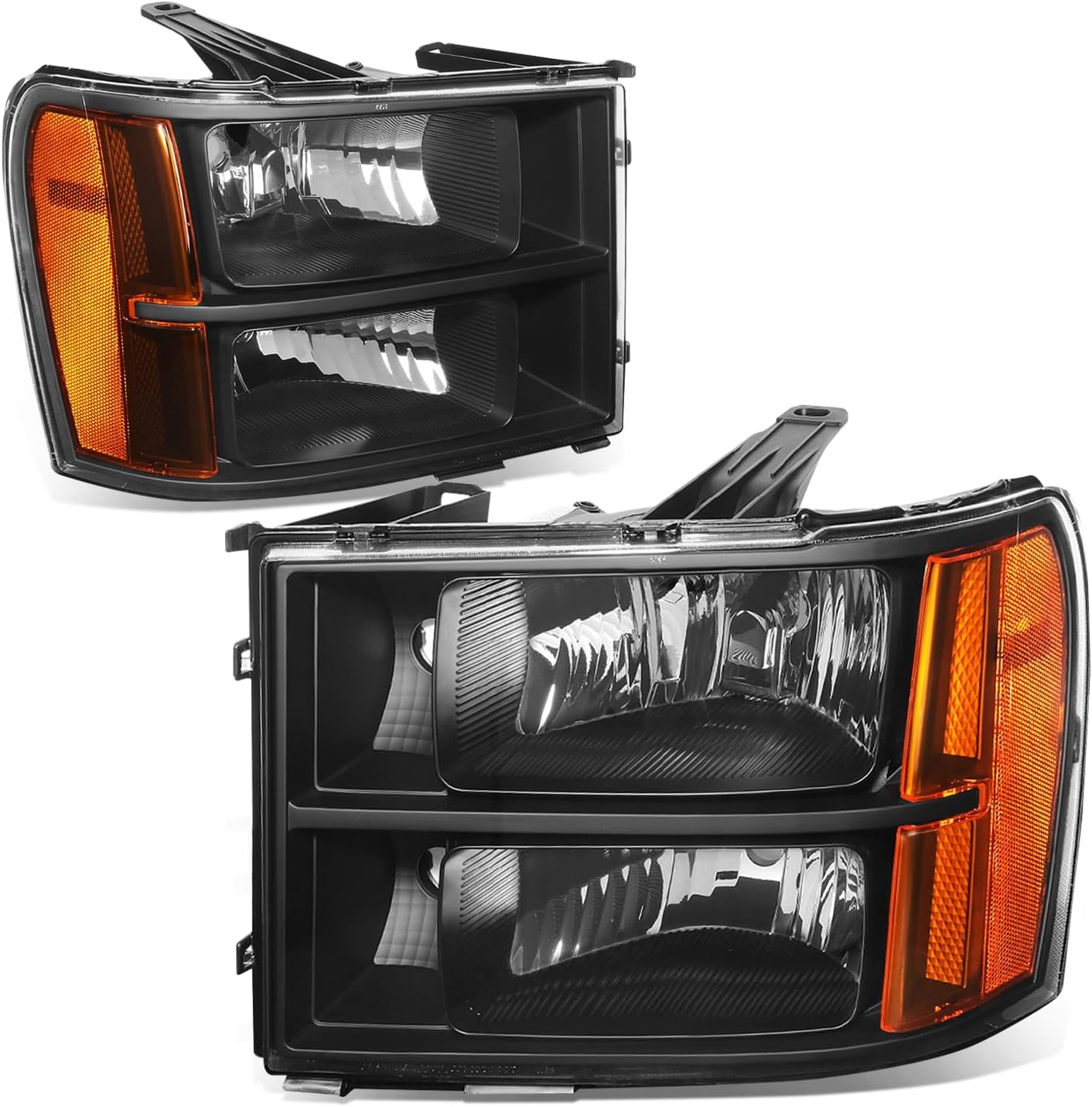 Auto Dynasty Headlights Assembly Compatible with 2007-2014 GMC Sierra 1500 2500HD 3500HD, Driver and Passenger Side Halogen Headlamps Replacement, Black Housing Amber Corner