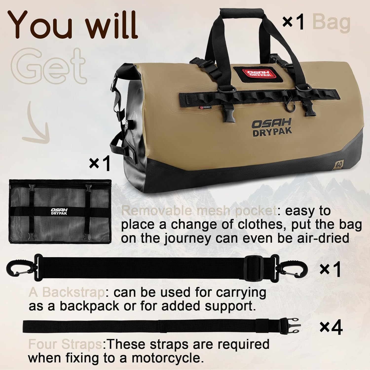 Waterproof Duffel Bag 25L/40L/60L – Heavy-Duty Motorcycle Tail Bag, Roll-Top Dry Bag for Travel, Camping, Boating, Kayaking, Outdoor Adventure