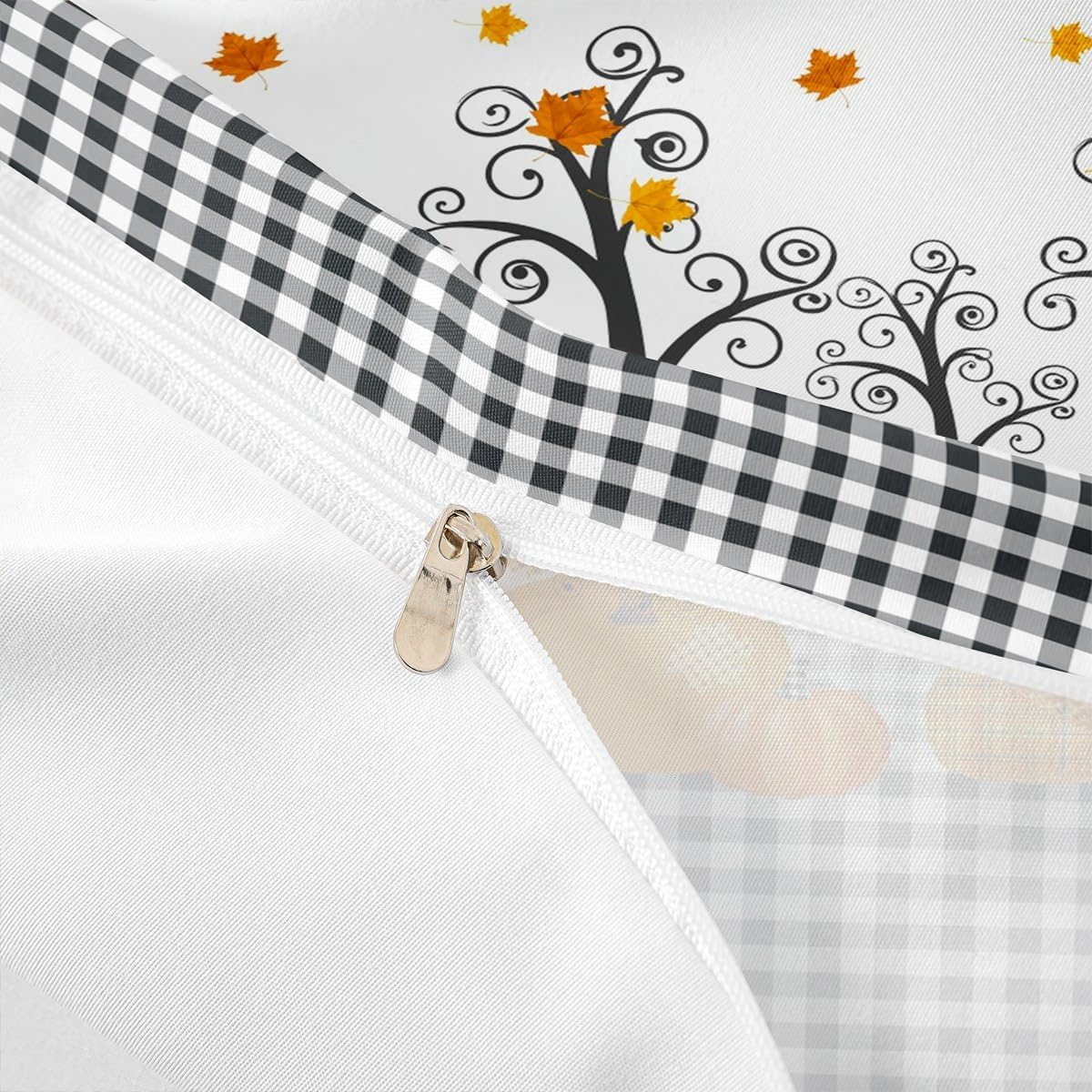 Fall Pumpkin Harvest Duvet Cover Set Queen Size,Kids Adults Bedroom/Country Cottage Decor,Black White Plaid Bedding,Maple Autumn Leaves Comforter Cover,Rustic Bright Quilt Cover,3pcs,2 Pillowcases