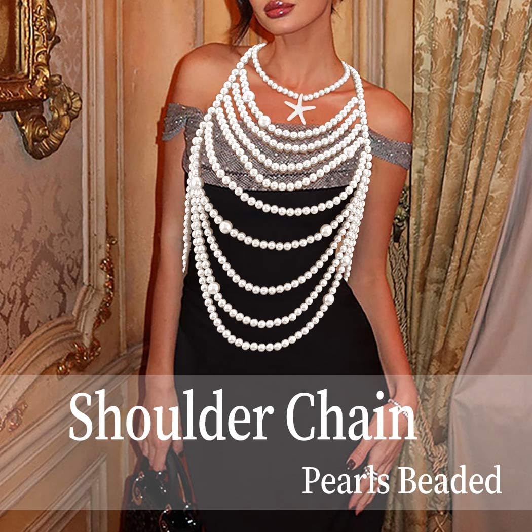 Pearl Body Chain Necklace Set Shell Starfish Choker Necklaces Layered Pearls Bra Chain Summer Beach Bikini Body Jewelry for Women (B-Starfish)