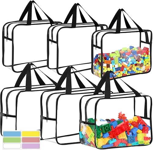 Paquete de 6 bolsas grandes de almacenamiento de juguetes con etiquetas, almacenamiento reutilizable de PVC transparente, bolsas organizadoras