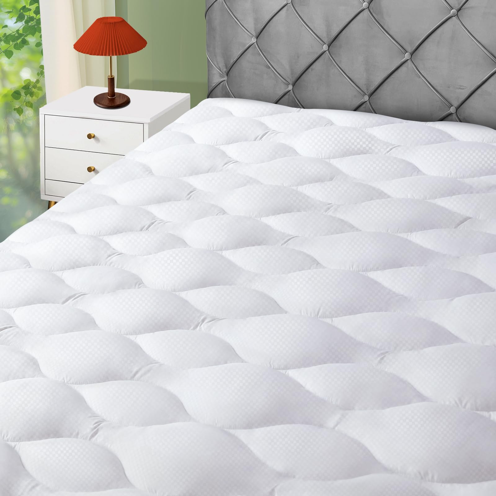 kayfia full mattress pad, quilted &breathable mattress topper full size with 3d+7d snow down alternative fill, cooling pillow top mattress cover protector stretches up 8-21" deep pocket -white