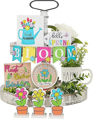 12 piezas de decoración de bandeja escalonada de primavera, margaritas, flores, centros de mesa, letreros decorativos de primavera, decoración de