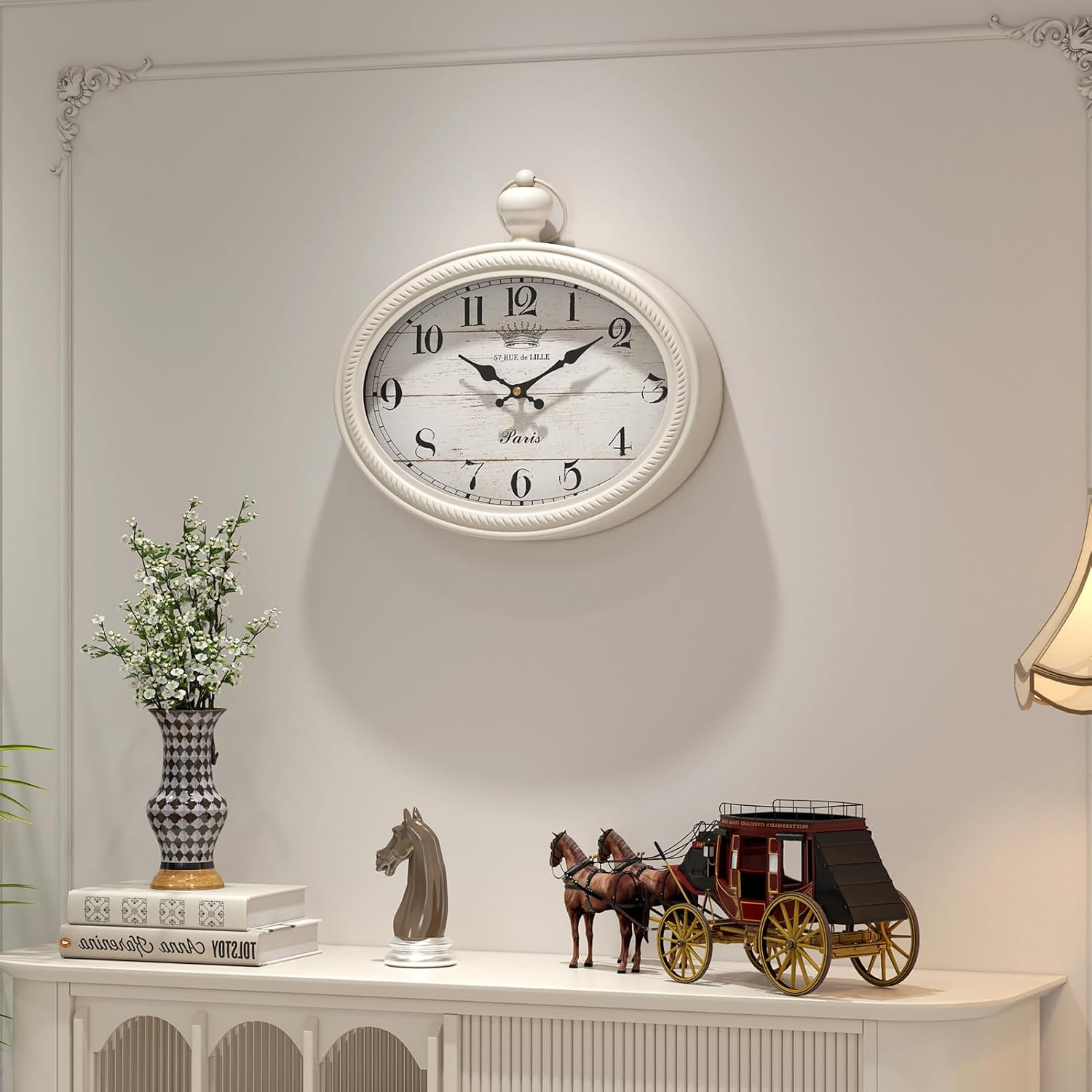 Retro Oval Wall Clock. White Vintage Antique Style. Battery Operated Decor Wall Clocks for Farmhouse, Living Room,Kitchen,Bedroom,Bathroom (10.5" H x 11.3" W)