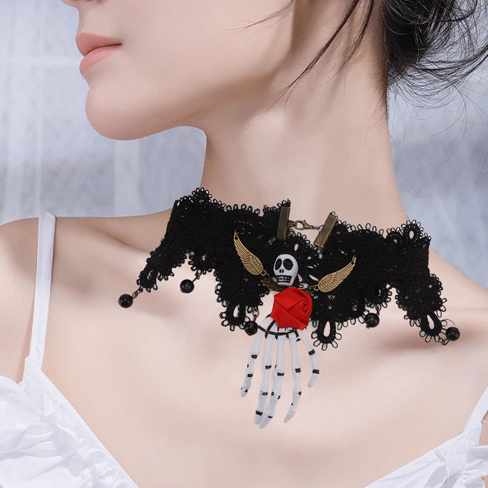 Chargances Vintage Gothic Skull Pendant Necklace With Red Flower – Black Lace Collar Choker For Women - View #10