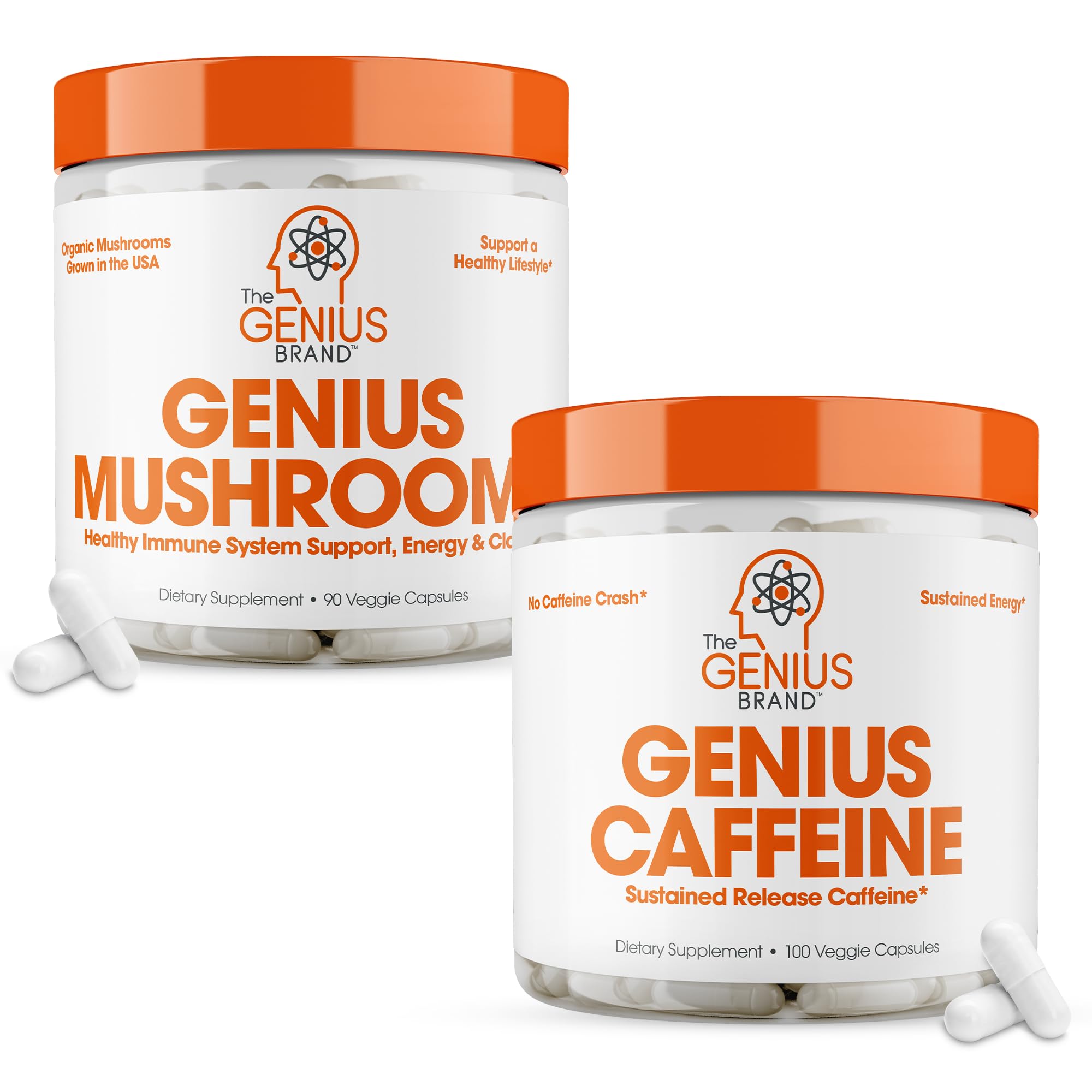 The Genius BrandGenius Mushroom and Caffeine Supplement Bundle - Lion's Mane, Reishi and Cordyceps - Sustained Release Caffeine
