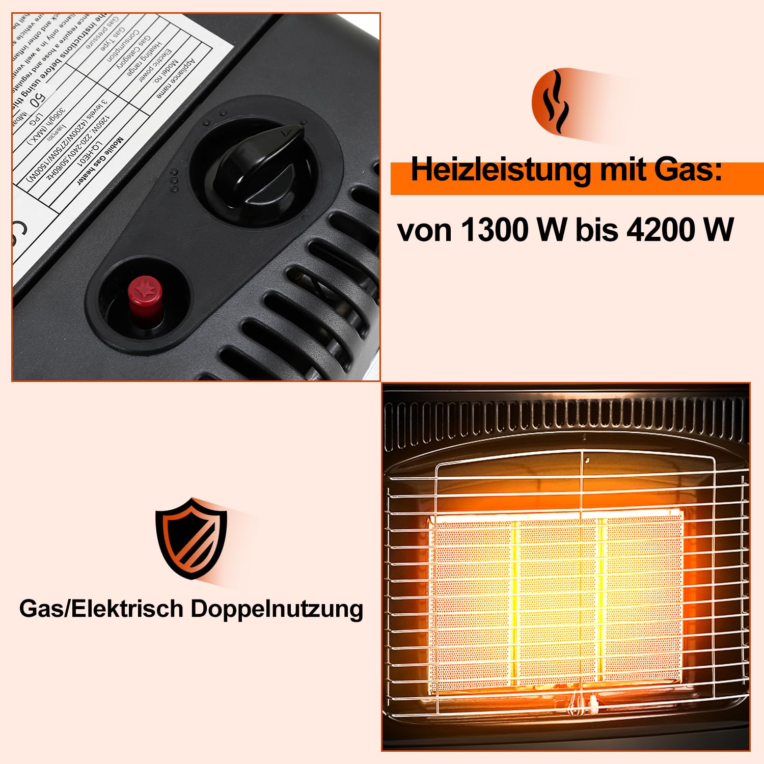 Gimisgu 1260 W Infrarot Heizstrahler, 4200 W Gasheizofen, Heizstrahler Gasheizgerät mit 3 Schutzvorrichtungen, Elektrische Gas-Zweizweckheizgeräte 220V-240V, Gasflaschen bis 10kg