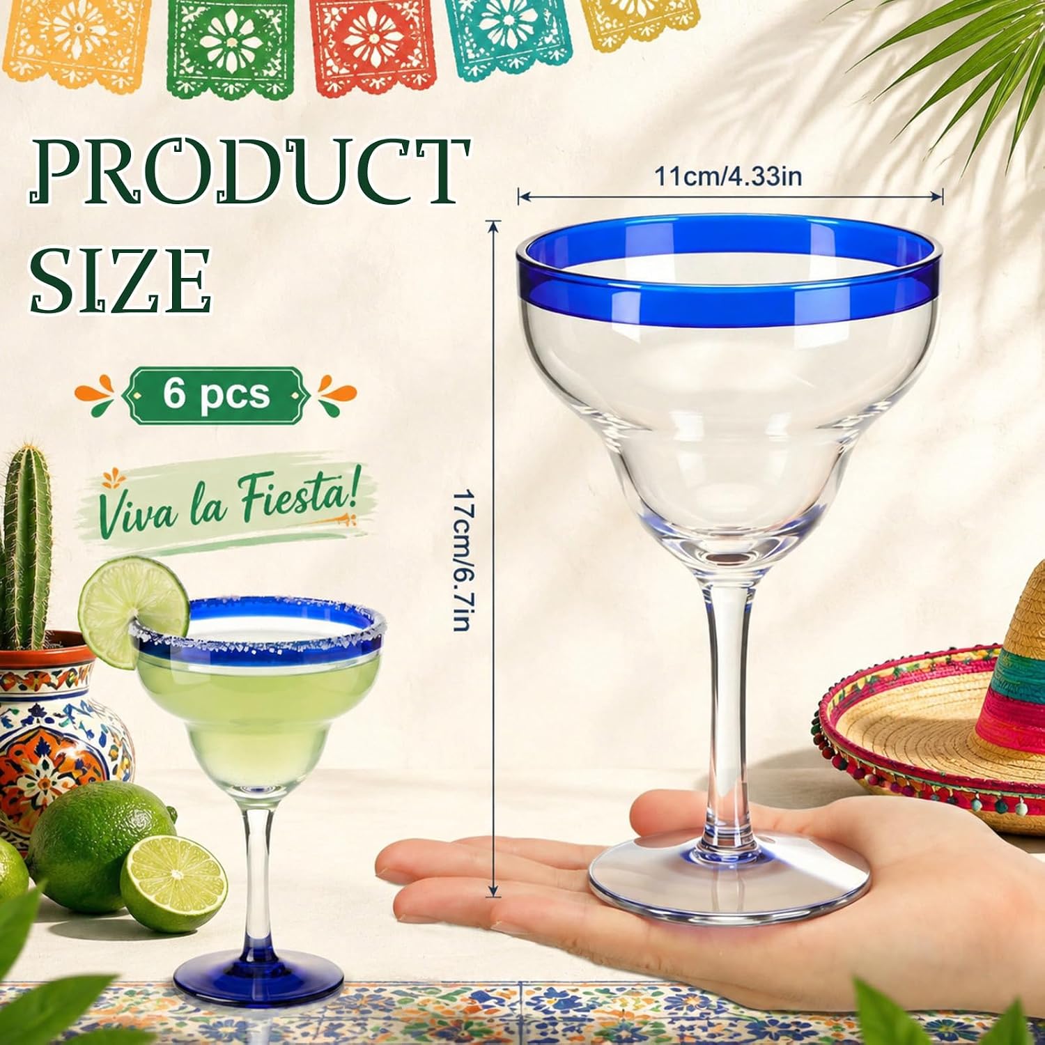 Vesici 6 Pcs Mexican Hand Blown Glass 16oz Cobalt Blue Rim Hand Blown Margarita Glasses Stemmed Cocktail Glasses, Authentic Artisan Crafted for Frozen Margaritas, Daiquiris & Parties