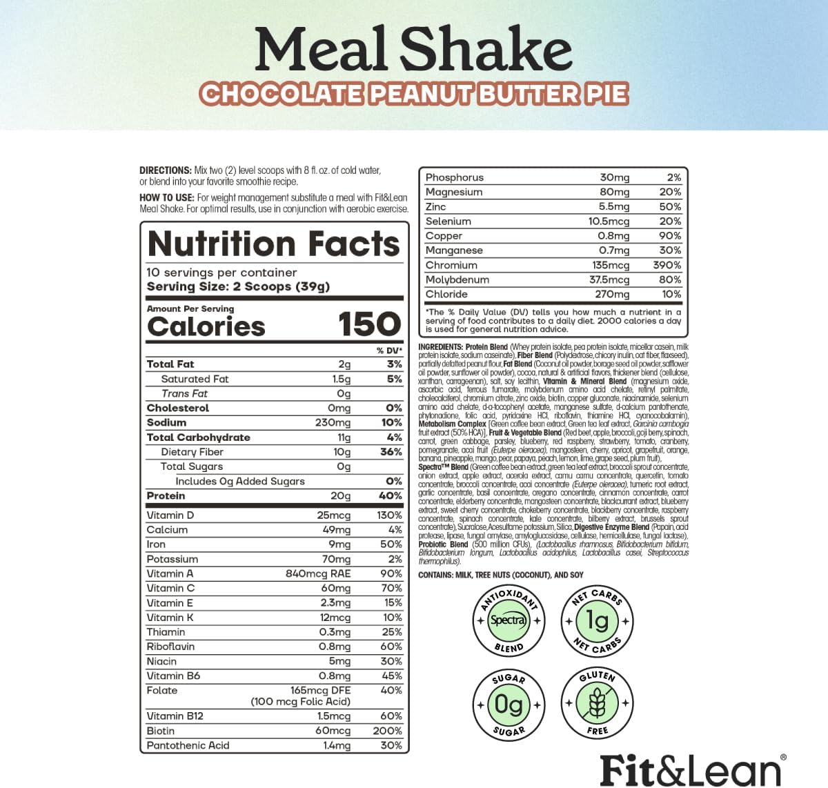Fit & Lean Meal Shake Meal Replacement with Protein, Fiber, Probiotics and Organic Fruits & Vegetables, Chocolate Peanut Butter Pie, 1lb, 10 Servings