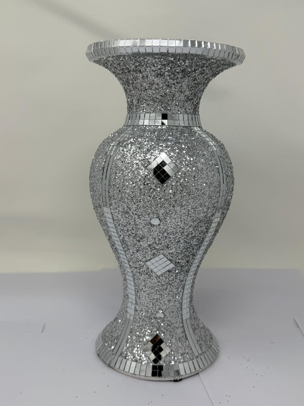 Decorative Crystal Floor Vase, Silver Mirrored Mosaic, Diamond Crushed Glass Design