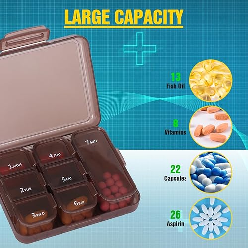 Miniatura 3 de Organizador semanal de píldoras, pastillero de 7 días, pastillero diario, farmacia de bolsillo de viaje portátil, pequeño contenedor de píldoras