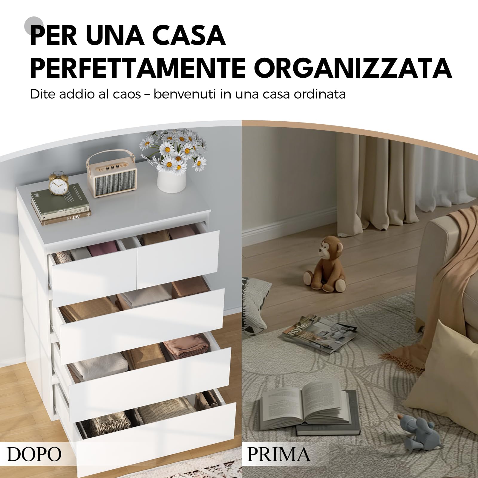 BEWISHOME Cassettiera Camera da Letto Moderna,Settimino con 5 Cassetti,Cassettiera Bianca,Salvaspazio,Mobile Camera da Letto per Soggiorno,Bagno e Ingresso,68x38x94 cm,EKCG07W